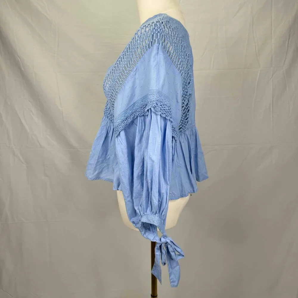 Free People Drive You Mad Blouse Blue Crochet Puff Sleeve Southern Bell Western
